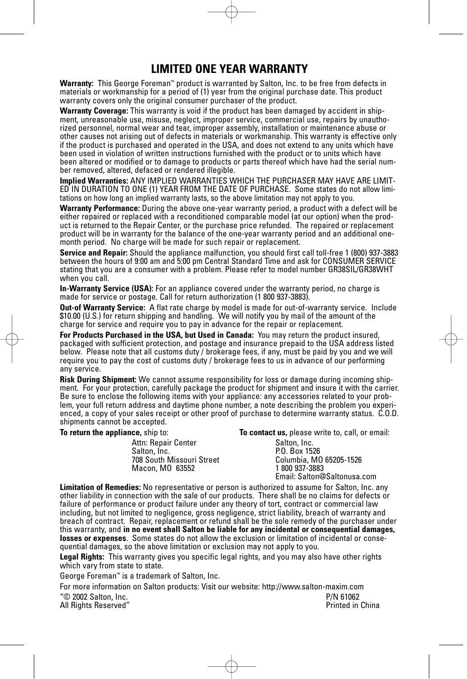 Limited one year warranty | George Foreman GR38SIL User Manual | Page 16 / 16