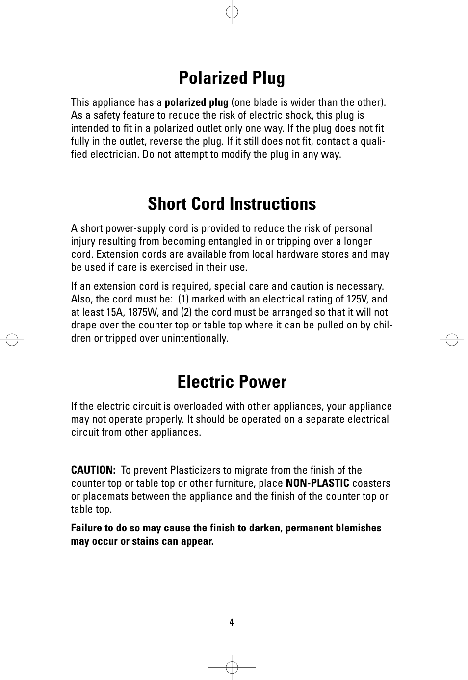 Polarized plug, Short cord instructions, Electric power | George Foreman GR38SIL User Manual | Page 4 / 16