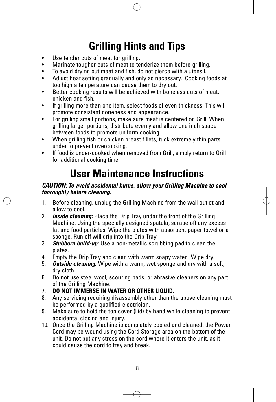 Grilling hints and tips, User maintenance instructions | George Foreman GR38SIL User Manual | Page 8 / 16