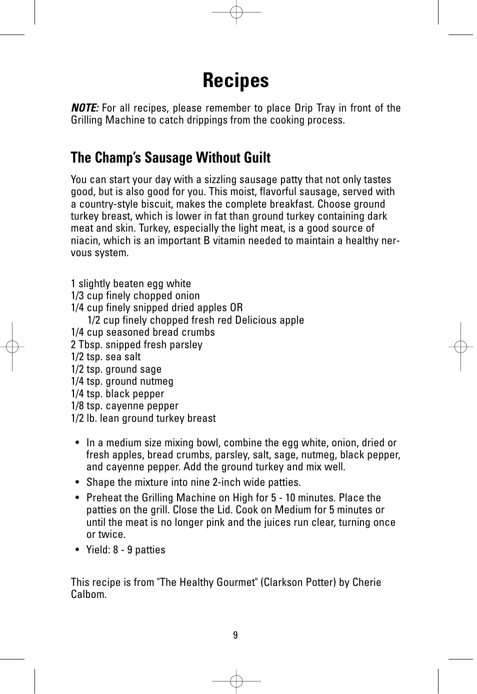 Recipes, The champ’s sausage without guilt | George Foreman GR38SIL User Manual | Page 9 / 16