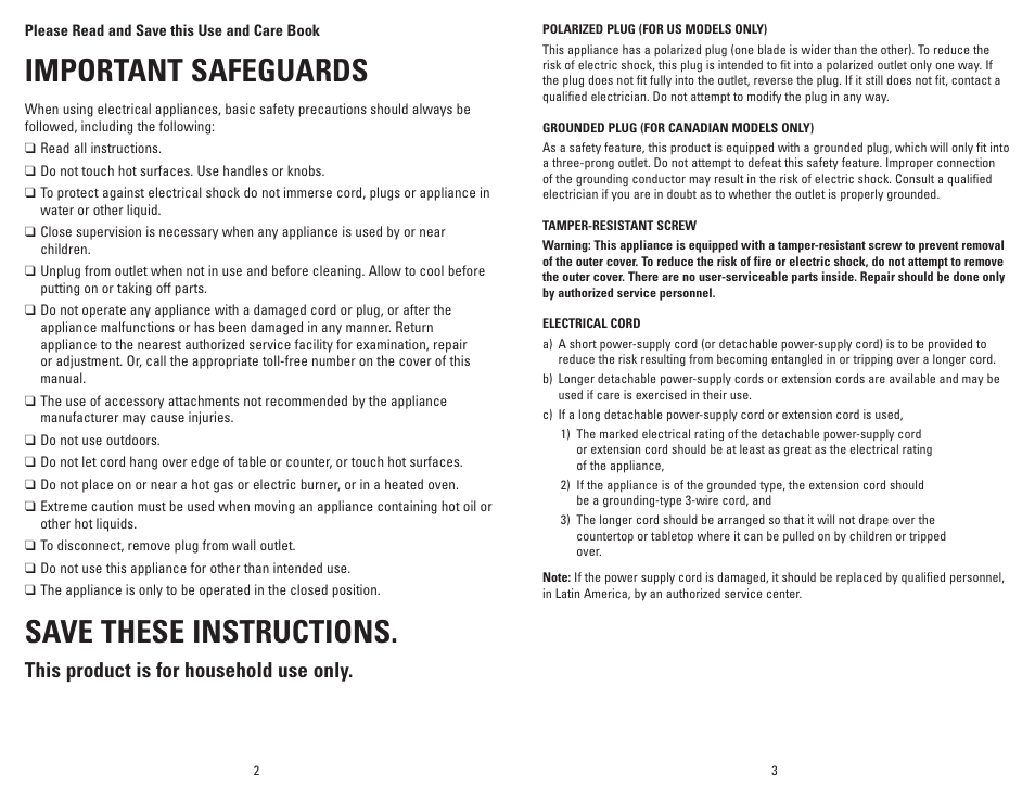 Important safeguards, Save these instructions, This product is for household use only | George Foreman Super Champ GR50VPUQ User Manual | Page 2 / 19