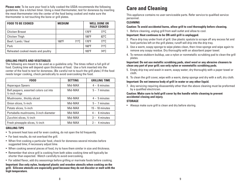 Care and cleaning | George Foreman Super Champ GR50VPUQ User Manual | Page 5 / 19