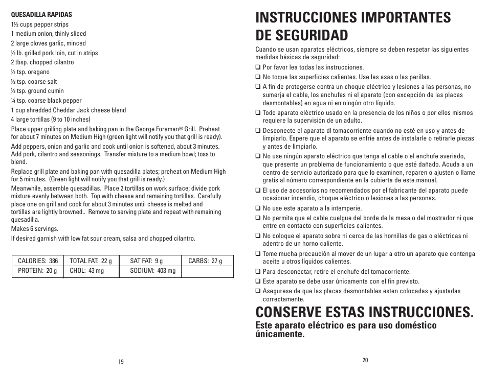 Instrucciones importantes de seguridad, Conserve estas instrucciones | George Foreman GRP106QPGB User Manual | Page 11 / 23