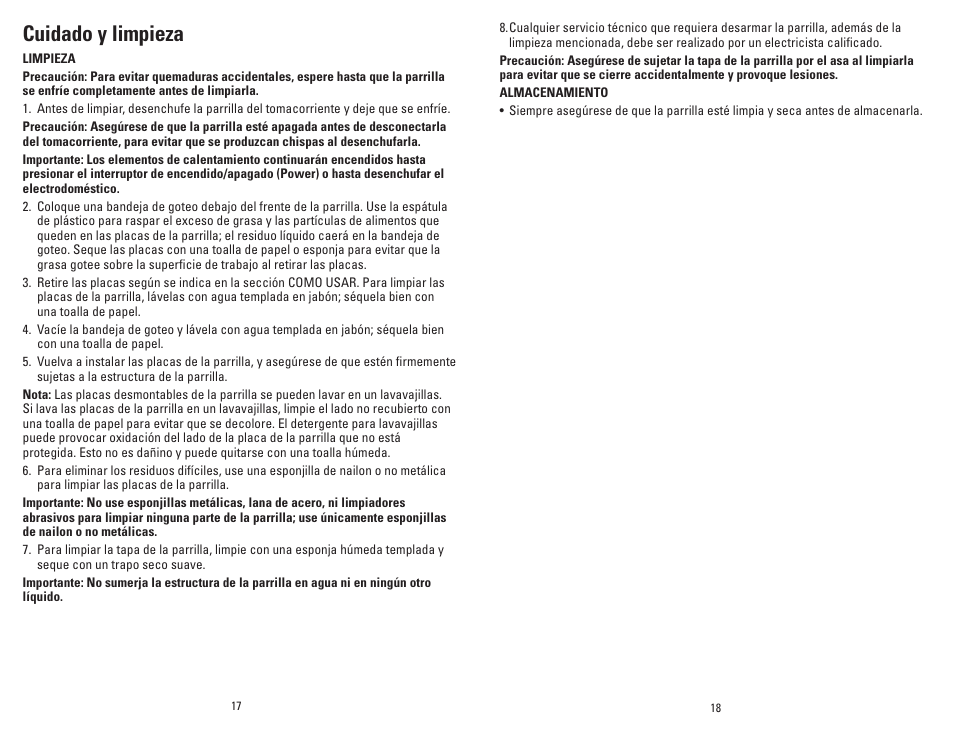 Cuidado y limpieza | George Foreman GRP99 User Manual | Page 10 / 13