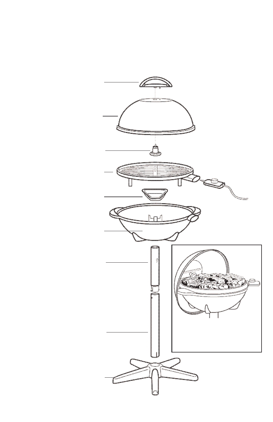 Lid handle/vent, Rubber-ringed fastener/hook, Grill | Grease tray, Grill base, Upper pedestal tube, Lower pedestal tube, Pedestal base, Temperature control probe | George Foreman GGR50B User Manual | Page 4 / 16