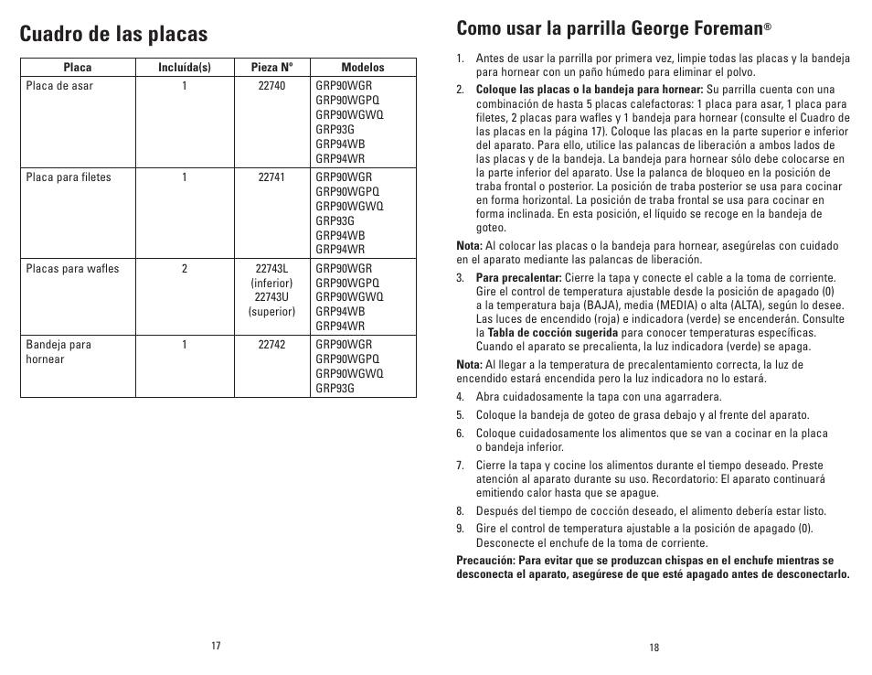 Cuadro de las placas, Como usar la parrilla george foreman | George Foreman GRP90WGB User Manual | Page 10 / 17