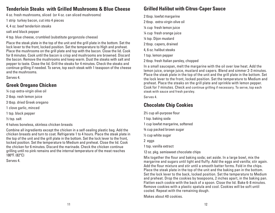 Grilled halibut with citrus-caper sauce, Chocolate chip cookies, Greek oregano chicken | George Foreman GRP90WGB User Manual | Page 7 / 17