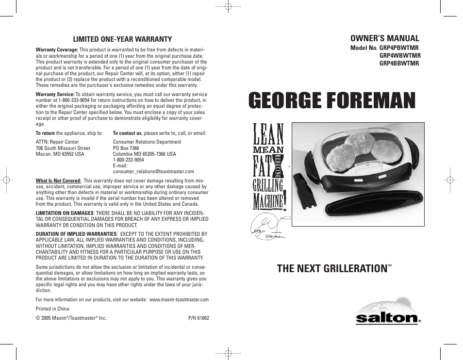 George foreman, The next grilleration, Owner’s manual | George Foreman GRP4BBWTMR User Manual | Page 16 / 16