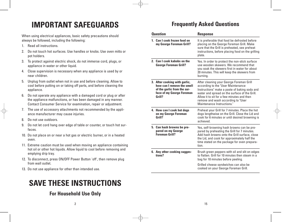 Important safeguards, Save these instructions, Frequently asked questions | For household use only | George Foreman GRP4BBWTMR User Manual | Page 2 / 16