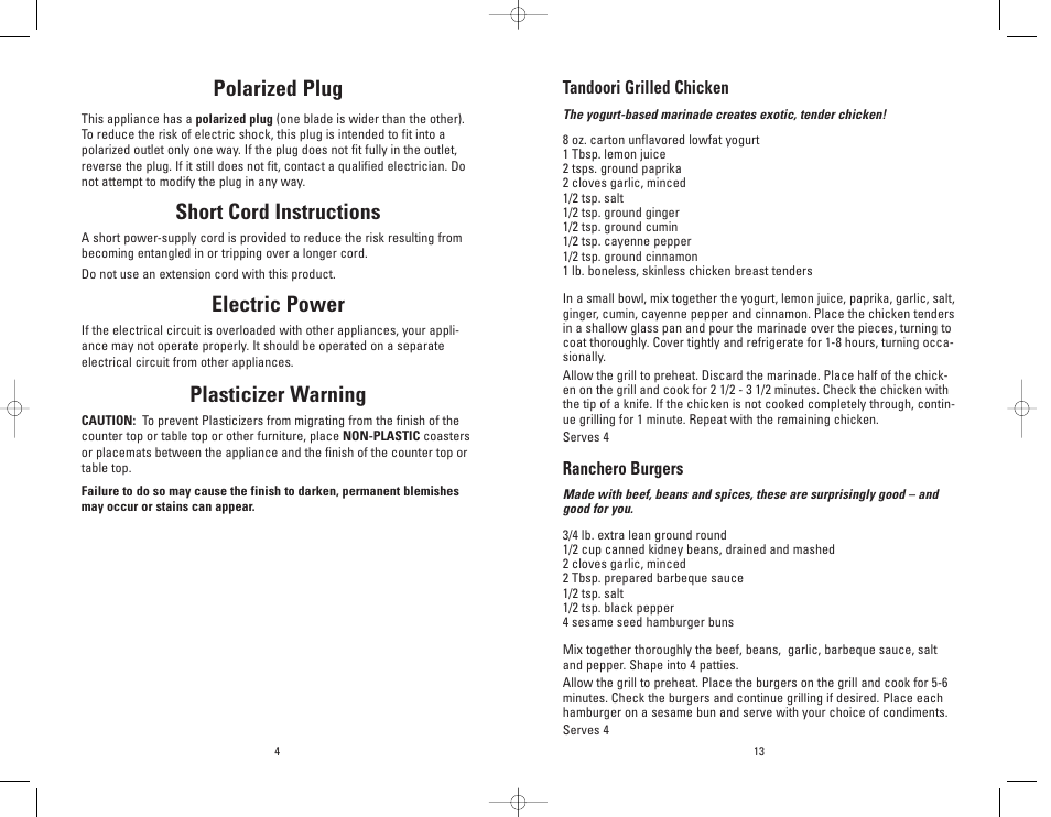 Polarized plug, Short cord instructions, Electric power | Plasticizer warning | George Foreman GRP4BBWTMR User Manual | Page 4 / 16