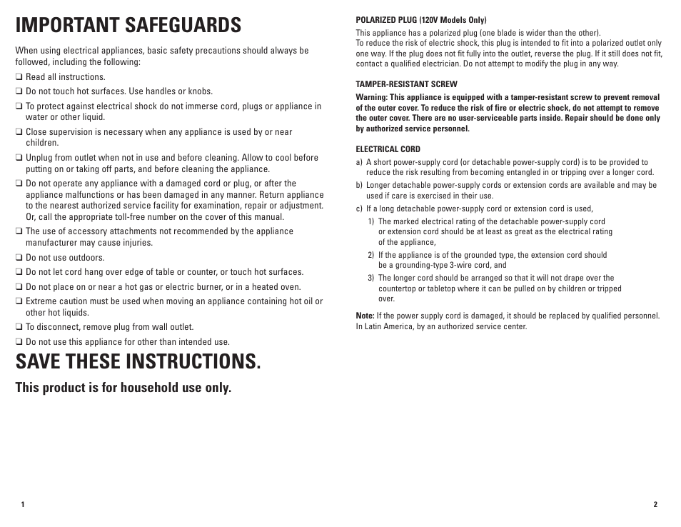 Important safeguards, Save these instructions, This product is for household use only | George Foreman GRV80 User Manual | Page 2 / 11