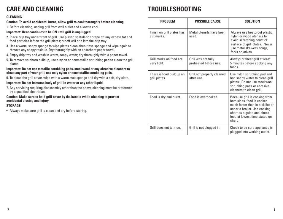Care and cleaning, Troubleshooting | George Foreman GRV80 User Manual | Page 5 / 11