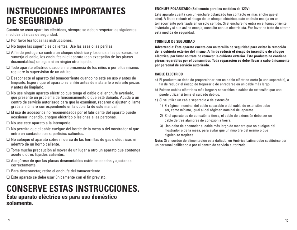 Instrucciones importantes de seguridad, Conserve estas instrucciones | George Foreman GRV80 User Manual | Page 6 / 11