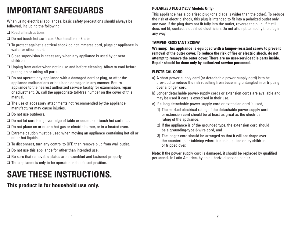 Important safeguards, Save these instructions, This product is for household use only | George Foreman GRP4EW User Manual | Page 2 / 23