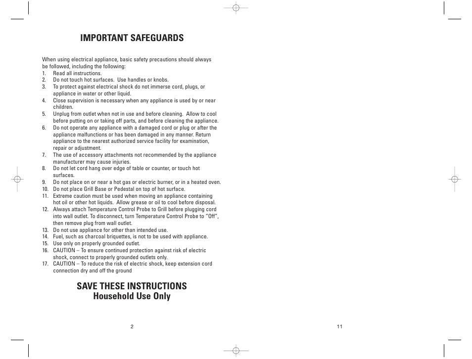 Important safeguards, Save these instructions household use only | George Foreman GGR200RDDS User Manual | Page 11 / 12