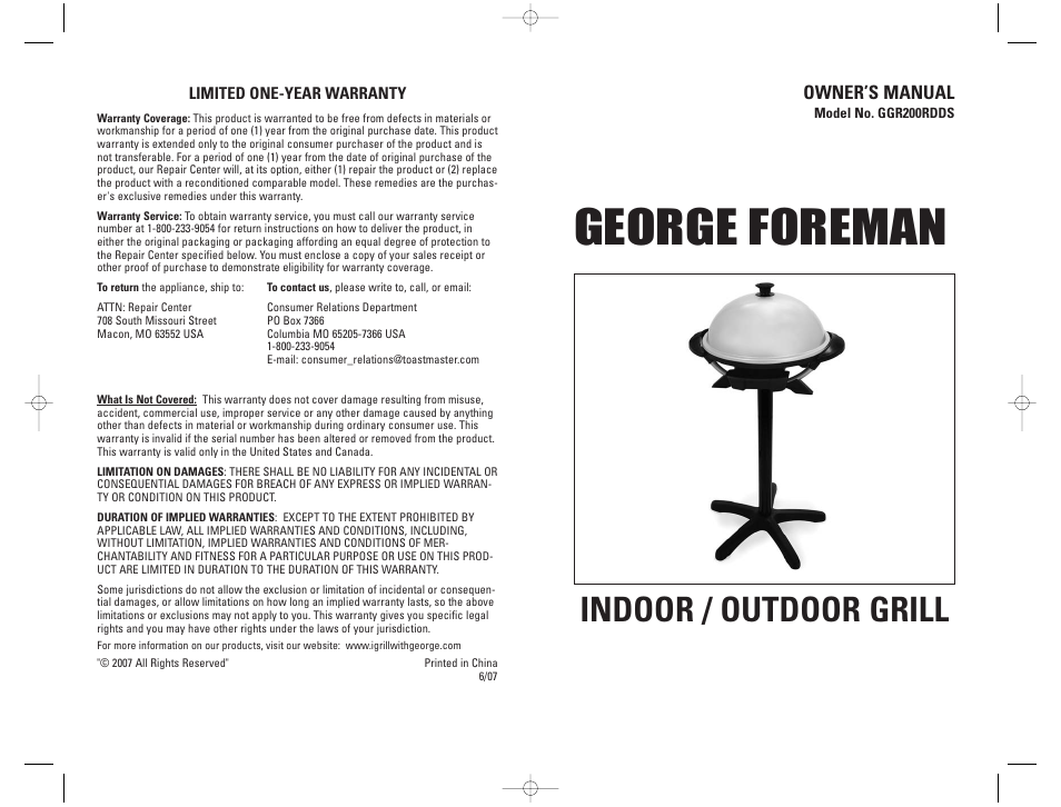 George foreman, Indoor / outdoor grill | George Foreman GGR200RDDS User Manual | Page 12 / 12