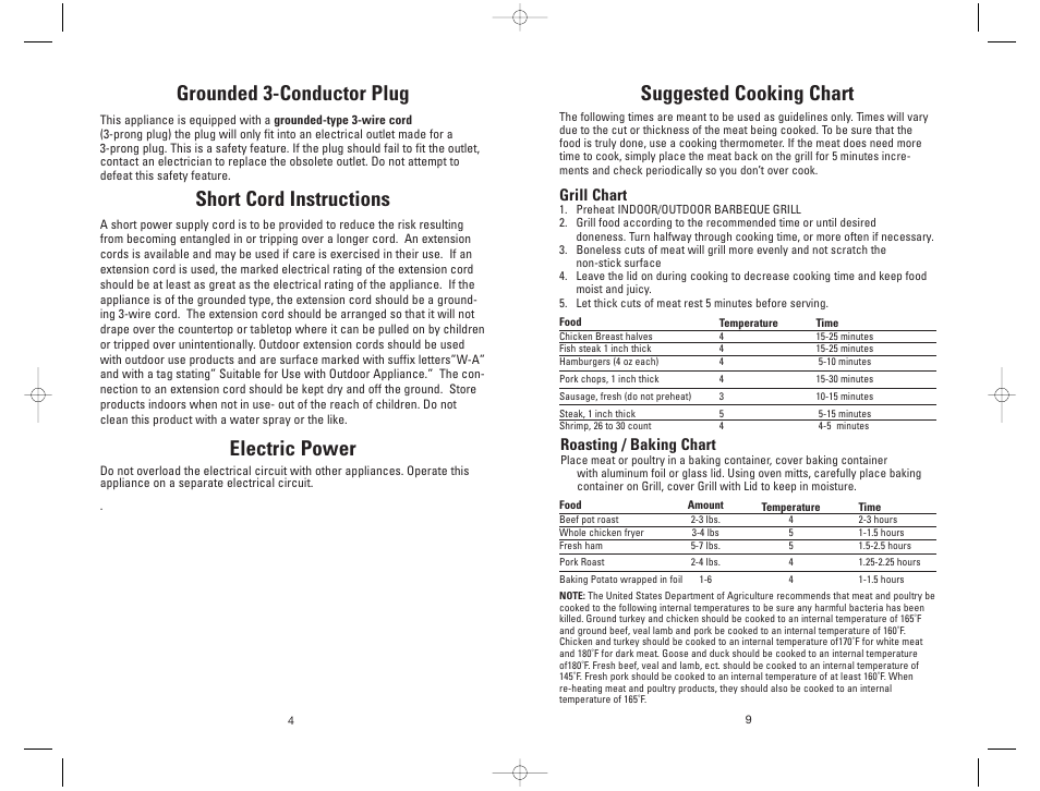 Grounded 3-conductor plug, Short cord instructions, Electric power | Suggested cooking chart, Grill chart, Roasting / baking chart | George Foreman GGR200RDDS User Manual | Page 4 / 12