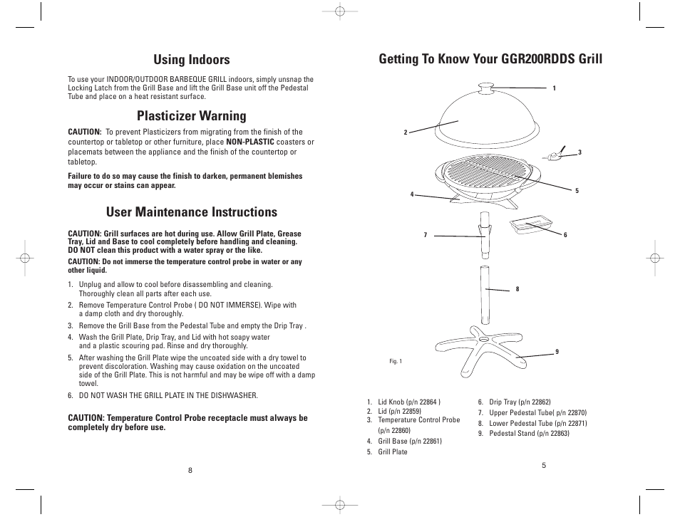 Getting to know your ggr200rdds grill, Using indoors, Plasticizer warning | User maintenance instructions | George Foreman GGR200RDDS User Manual | Page 5 / 12