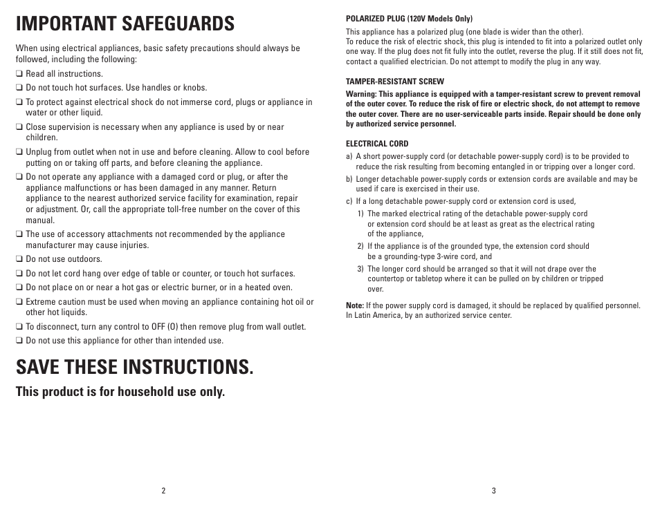 Important safeguards, Save these instructions, This product is for household use only | George Foreman GR144 User Manual | Page 2 / 13