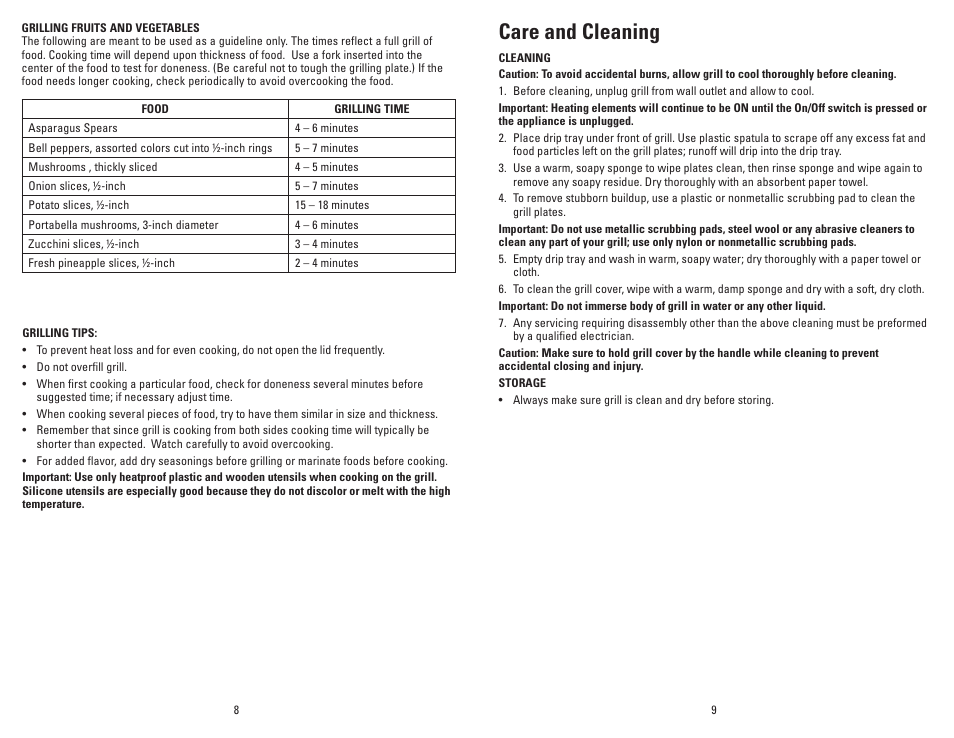 Care and cleaning | George Foreman GR144 User Manual | Page 5 / 13