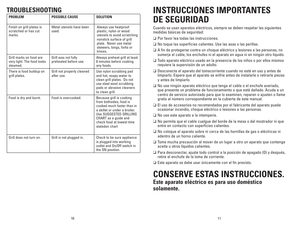 Instrucciones importantes de seguridad, Conserve estas instrucciones, Troubleshooting | George Foreman GR144 User Manual | Page 6 / 13