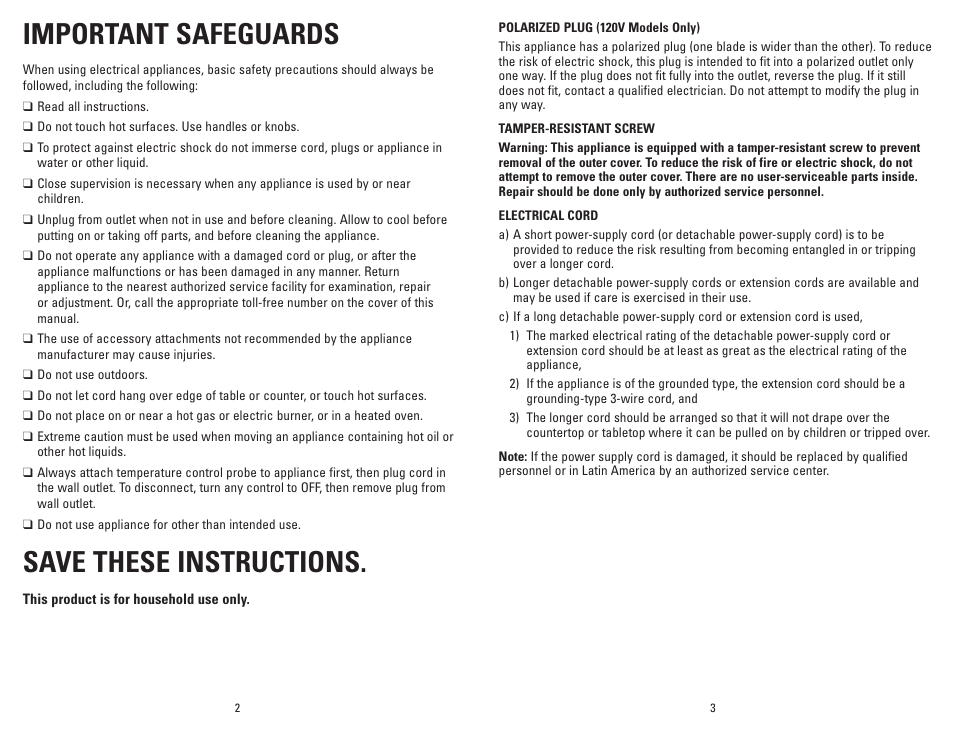 Important safeguards, Save these instructions | George Foreman SKG01GFB User Manual | Page 2 / 9