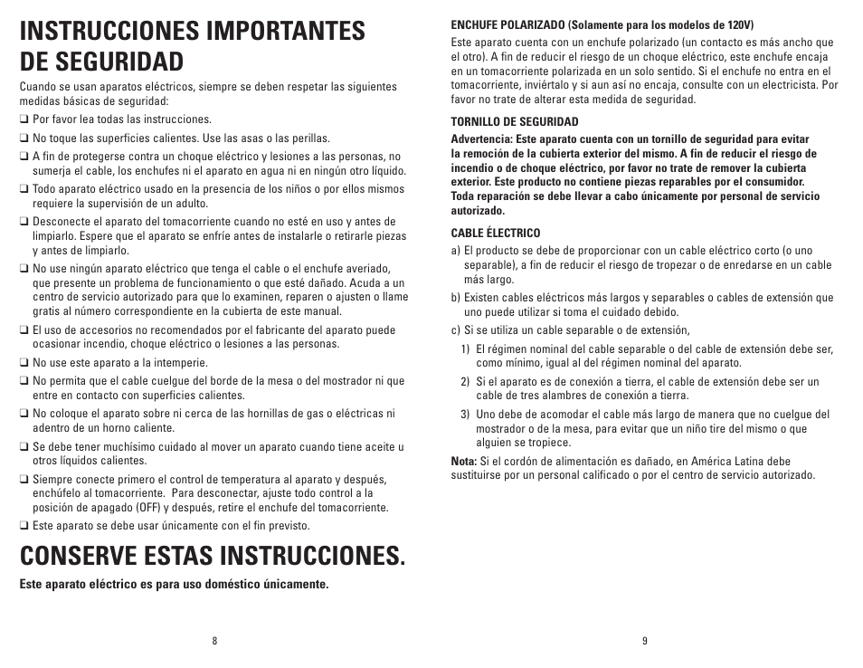Instrucciones importantes de seguridad, Conserve estas instrucciones | George Foreman SKG01GFB User Manual | Page 5 / 9