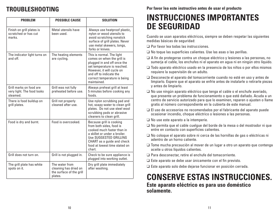 Instrucciones importantes de seguridad, Conserve estas instrucciones, Troubleshooting | George Foreman Super Champ GR50VBQ User Manual | Page 6 / 19