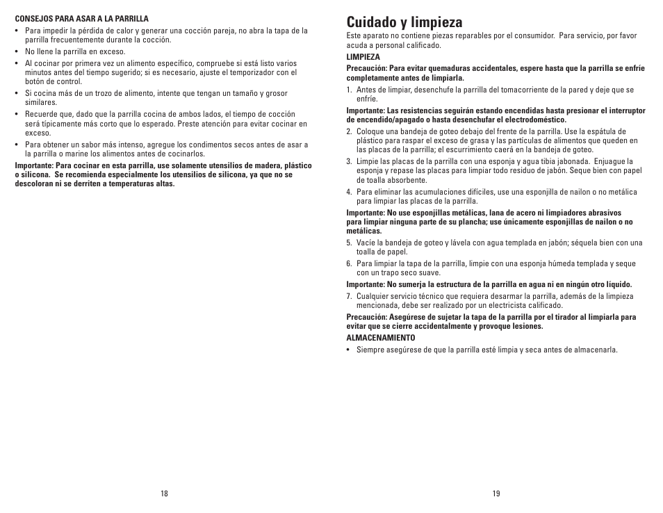 Cuidado y limpieza | George Foreman Champ GR18 User Manual | Page 10 / 13