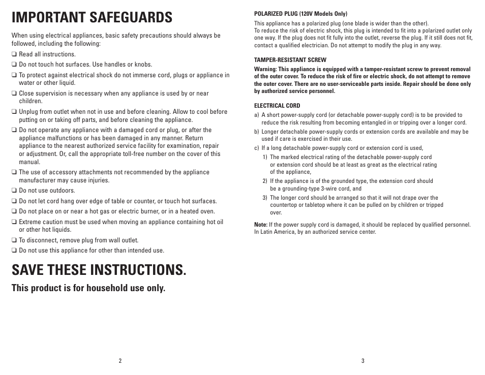 Important safeguards, Save these instructions, This product is for household use only | George Foreman Champ GR18 User Manual | Page 2 / 13