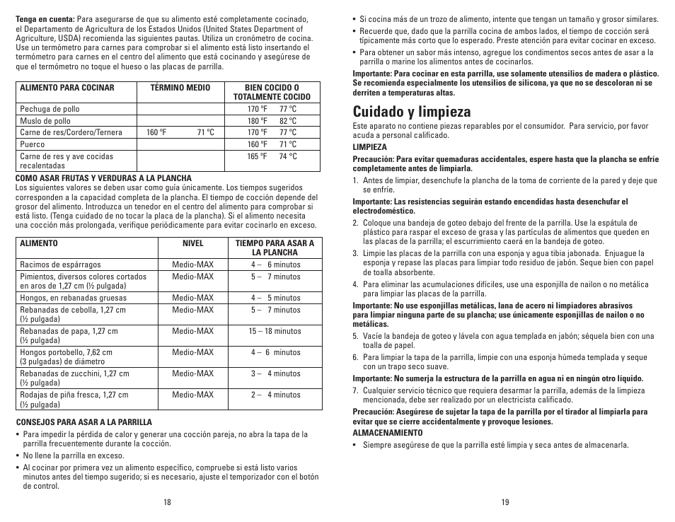 Cuidado y limpieza | George Foreman Super Champ GR50VRQ User Manual | Page 10 / 19