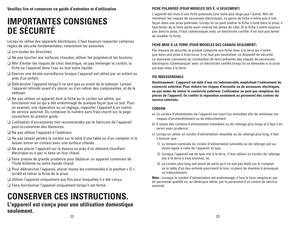 Importantes consignes de sécurité, Conserver ces instructions | George Foreman Super Champ GR50VRQ User Manual | Page 12 / 19