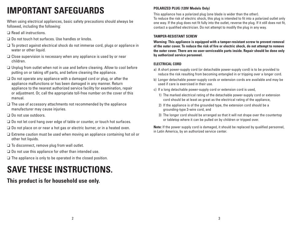 Important safeguards, Save these instructions, This product is for household use only | George Foreman GFQ001 User Manual | Page 2 / 13