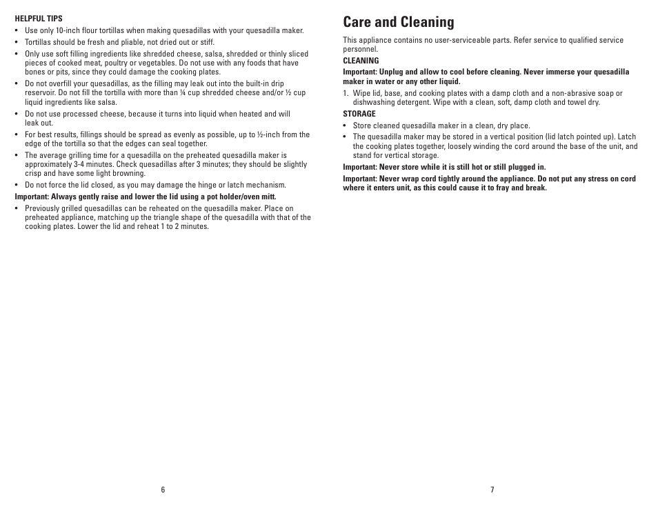 Care and cleaning | George Foreman GFQ001 User Manual | Page 4 / 13