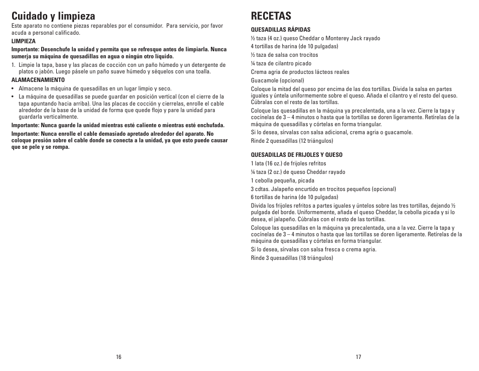 Recetas, Cuidado y limpieza | George Foreman GFQ001 User Manual | Page 9 / 13