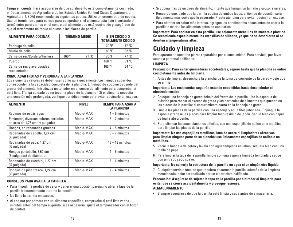 Cuidado y limpieza | George Foreman GR100V User Manual | Page 10 / 13