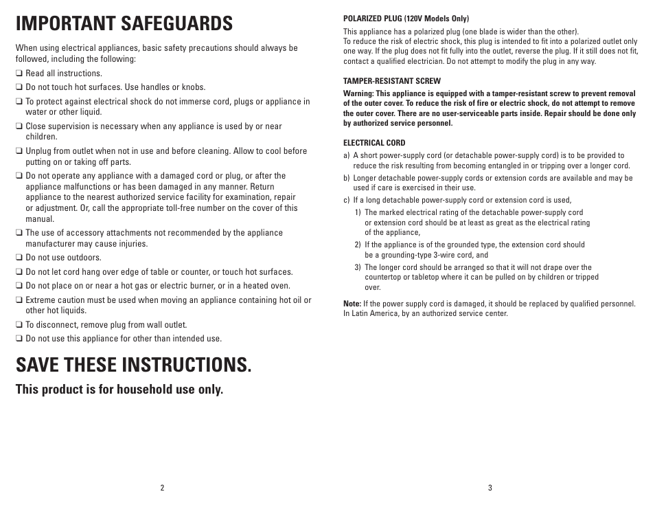 Important safeguards, Save these instructions, This product is for household use only | George Foreman GR100V User Manual | Page 2 / 13