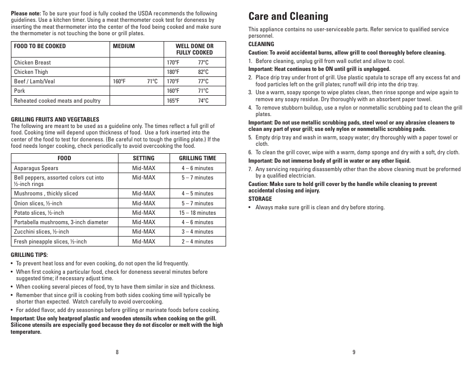 Care and cleaning | George Foreman GR100V User Manual | Page 5 / 13
