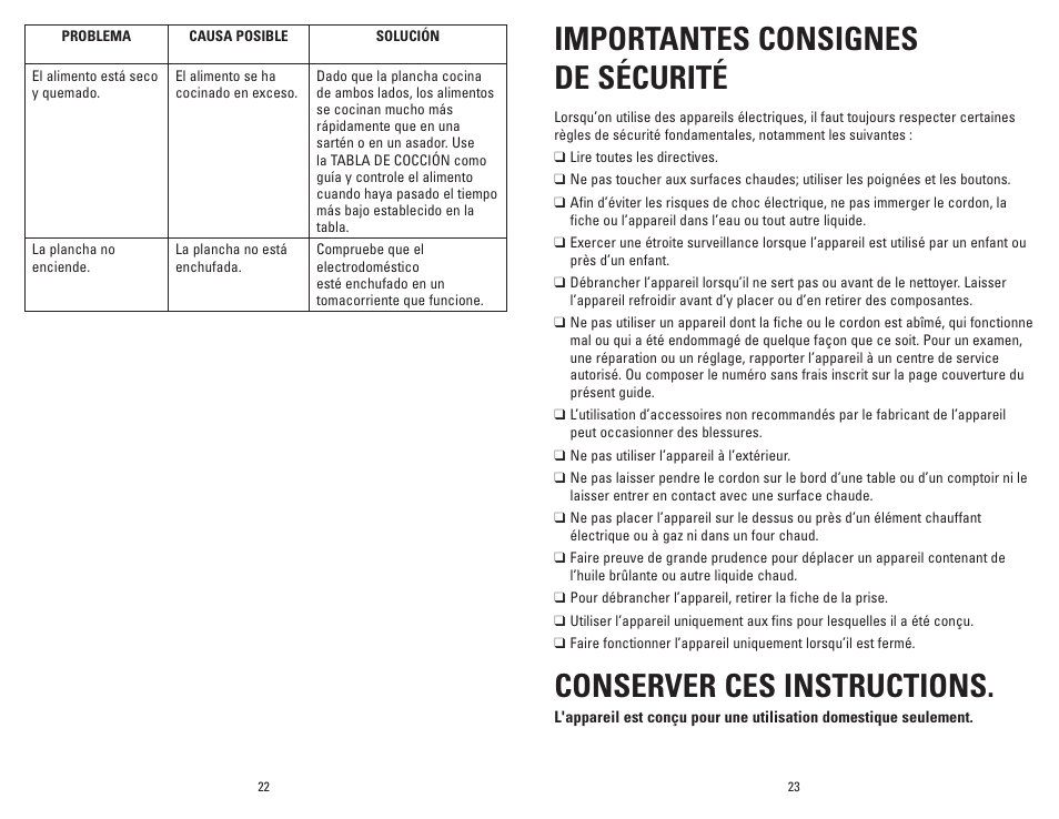 Importantes consignes de sécurité, Conserver ces instructions | George Foreman GR10BCAN User Manual | Page 12 / 21