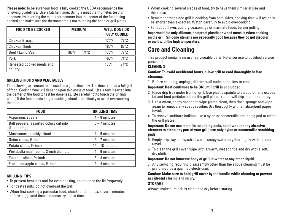 Care and cleaning | George Foreman GR10BCAN User Manual | Page 5 / 21