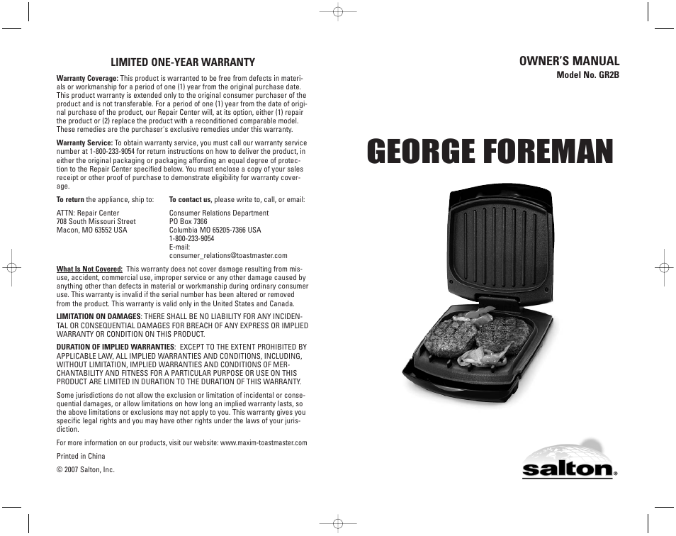 George Foreman GR2B User Manual | 16 pages