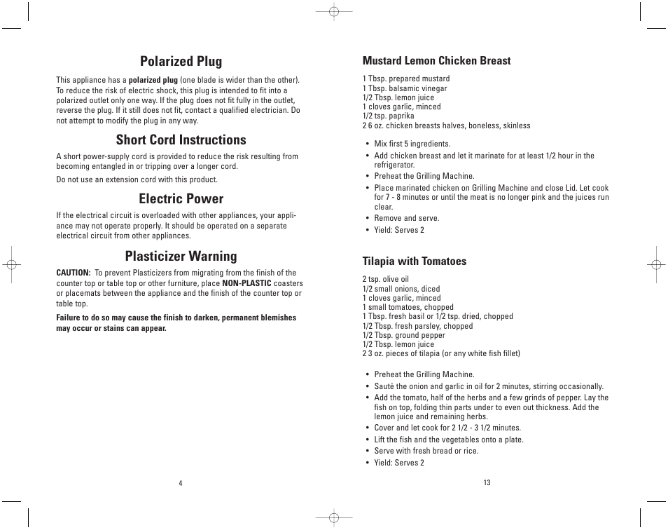 Polarized plug, Short cord instructions, Electric power | Plasticizer warning | George Foreman GR2B User Manual | Page 13 / 16