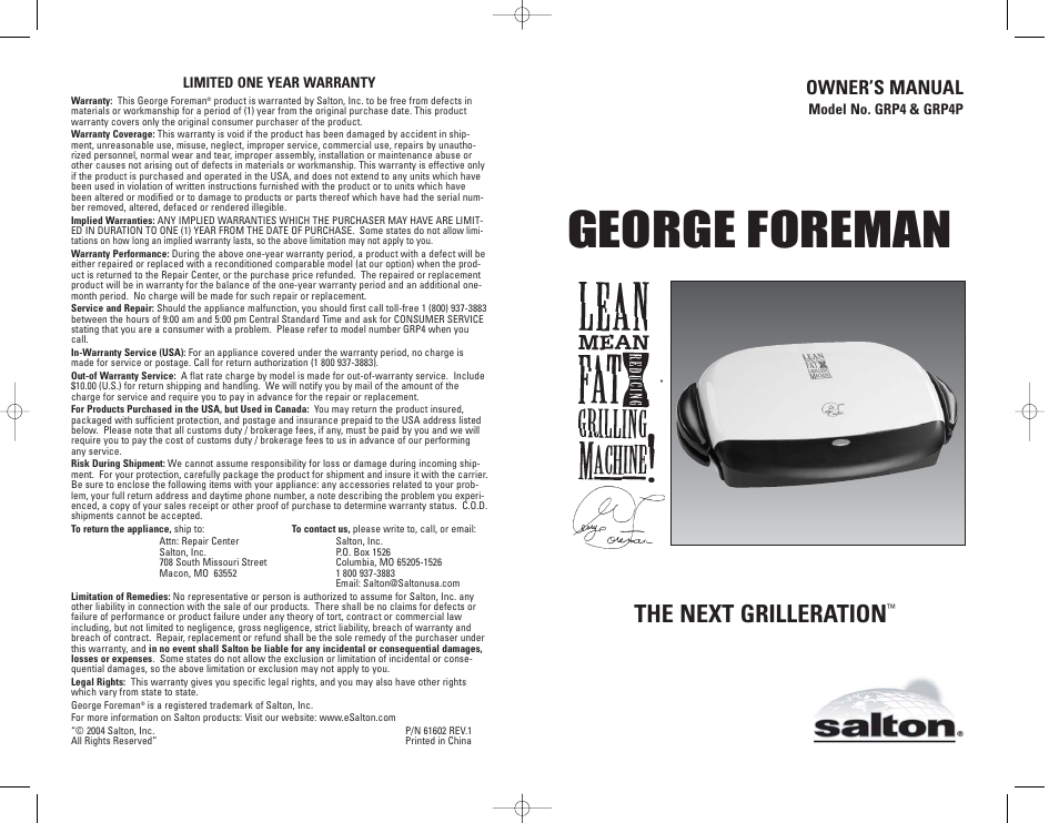 George Foreman GRP4P User Manual | 16 pages