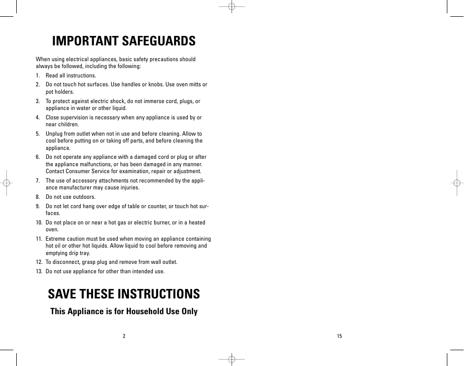 Important safeguards, Save these instructions, This appliance is for household use only | George Foreman GRP4P User Manual | Page 15 / 16