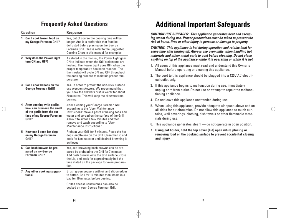 Additional important safeguards, Frequently asked questions | George Foreman GRP4P User Manual | Page 3 / 16