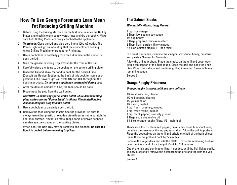 Thai salmon steaks, Orange roughy primavera | George Foreman GRP4P User Manual | Page 6 / 16