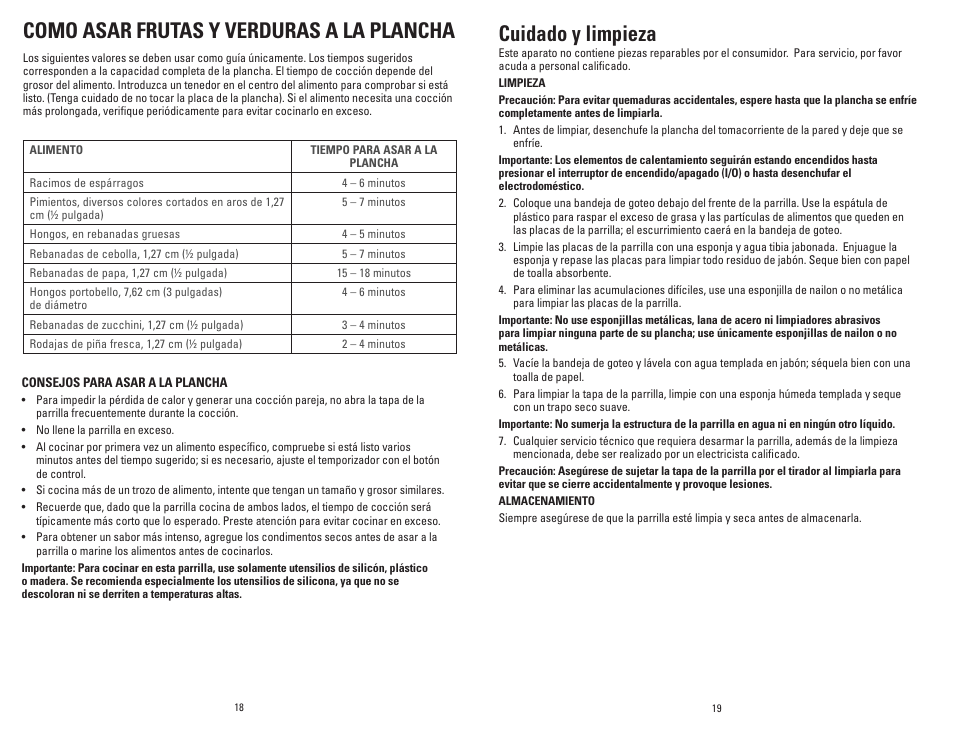 Como asar frutas y verduras a la plancha, Cuidado y limpieza | George Foreman GR0060W User Manual | Page 10 / 13