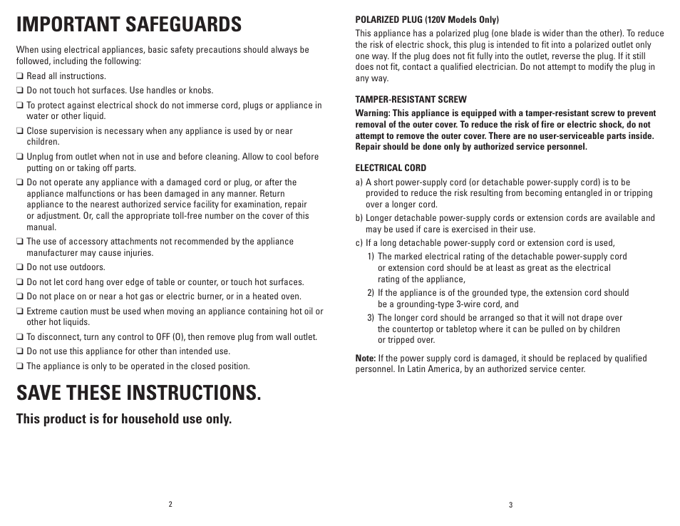 Important safeguards, Save these instructions, This product is for household use only | George Foreman GR0060W User Manual | Page 2 / 13