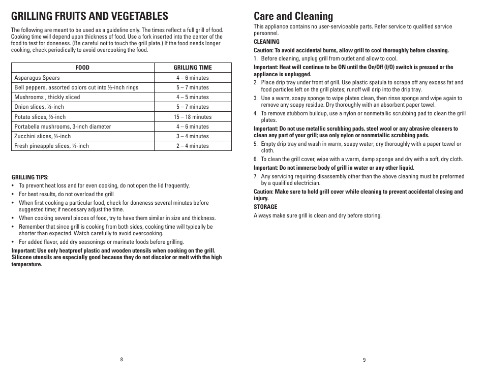 Grilling fruits and vegetables, Care and cleaning | George Foreman GR0060W User Manual | Page 5 / 13