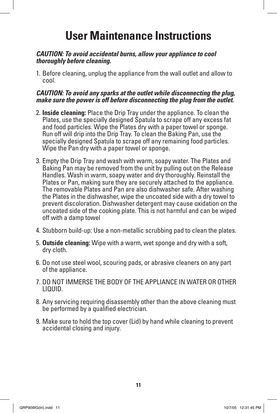 User maintenance instructions | George Foreman GRP90WG User Manual | Page 11 / 12